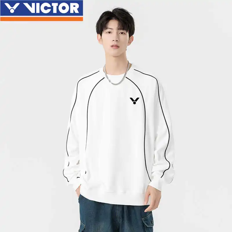 VICTOR Autumn Winter Cotton Casual Sports Hoodie Men's and Women's Retro Solid Color Loose Round Neck Long-sleeved Top