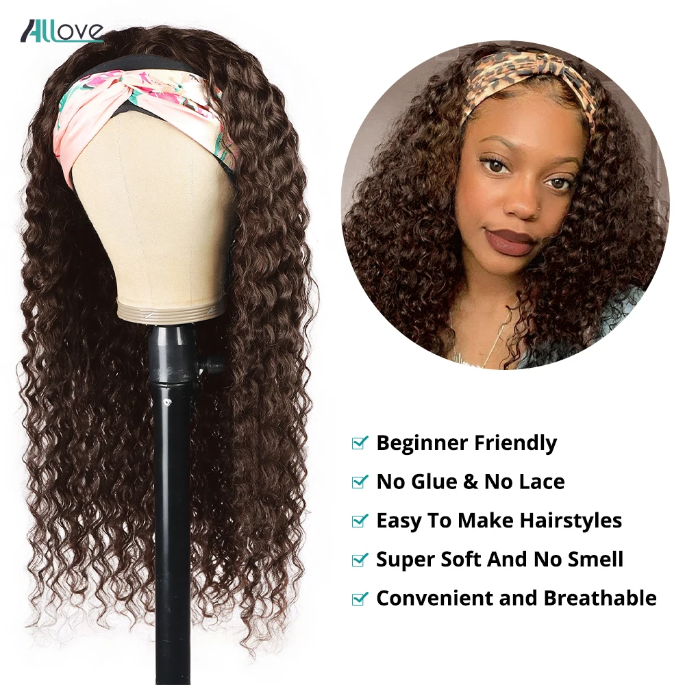 Allove #4 Brown Headband Wig Full Machine Made Wigs Deep Wave Brazilian Remy Human Hair Scarf Wig For Women Deep Curly human hair wigs