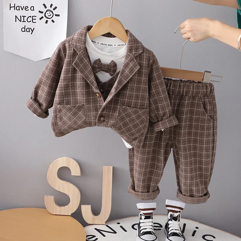 

BOY Wedding Children Kids Tie Party Formal Cotton Gentleman Casual Boys Jackets T-Shirt Pants 3pcs/Sets Infant Suit Clothes