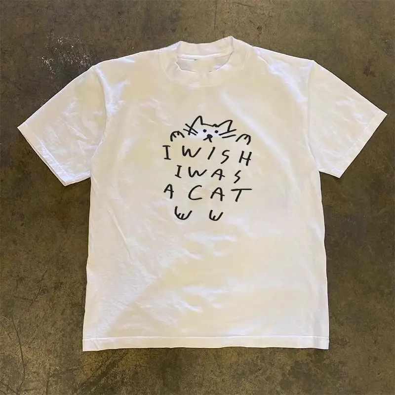 

Korean creative cat letter print niche design loose men and women short-sleeved cotton T-shirts round neck tops for y2k couples