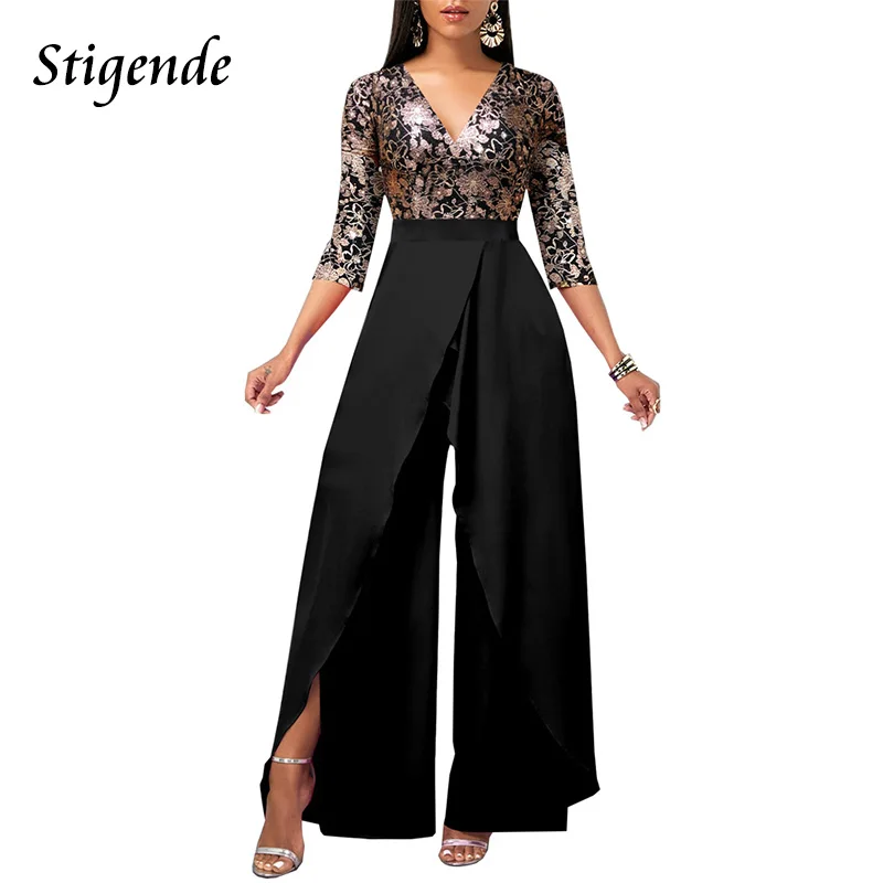 

Elegant Loode Fit Appliques Floral Jumpsuit Women Sexy V Neck Split Hem Baggy Jumpsuit Patchwork Wide Leg Palazzo Pants