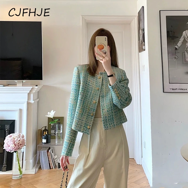 

CJFHJE Vintage Tweed Jacket Women Elegant Cropped Blazer Korean Single-Breasted Short Coat Streetwear All Match Outwear Tops New