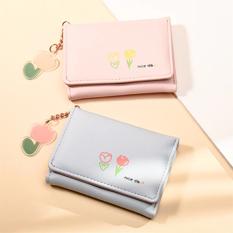 

Women's Short Buckle Coin Purse, Tulip Pattern, Fashion Multi-slot Wallet with Chain, WOMEN'S Compact Handy Bag