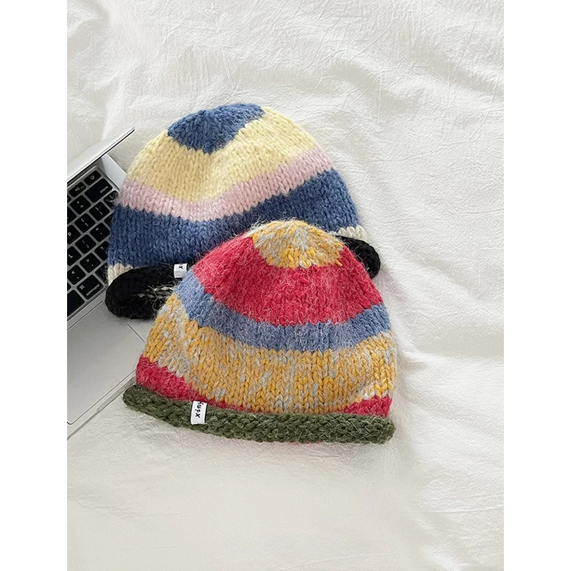 

Playful Striped Knit Hat with Curly Edges for Women Autumnwinter Warm Ear-protection Bun Head Cold Hat Couple Woolen Hat