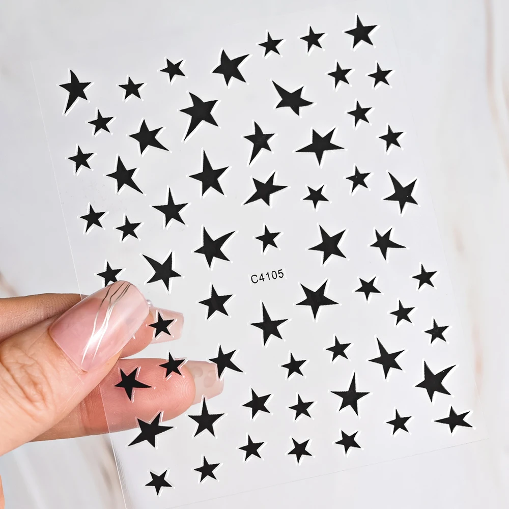 

White Black Stars Pentagram Nail Art Stickers Set Heart English Letter Number Line Image Adhensive Slider Gel Polish Decals