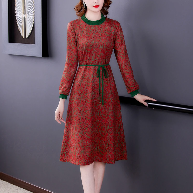 

2023 New Fashion Fragmented Silk Dress Women's Autumn Versatile Round Neck Long Sleeve Printed Loose Fit Holiday Dress Vestidos