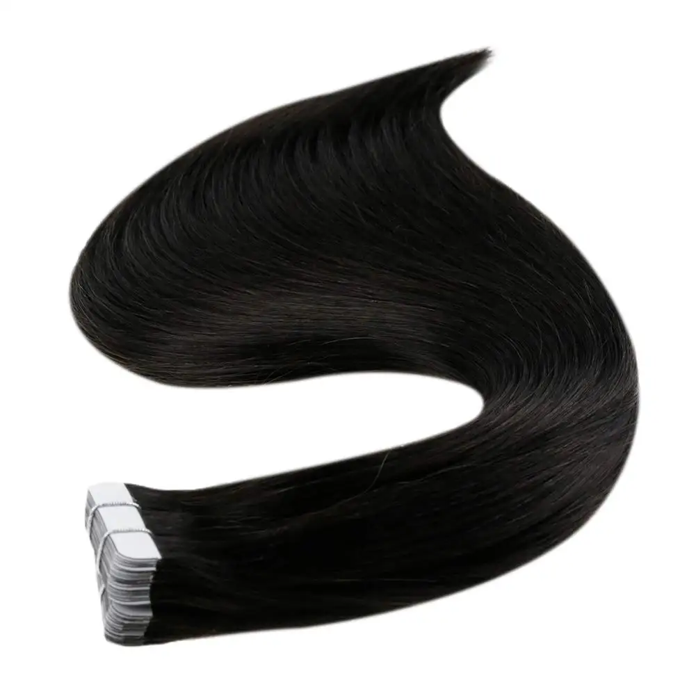 Tape in Hair Extensions Human Hair 12-30 Inch Seamless Skin Weft Pu Extensions Color 1B Off Black Glue in