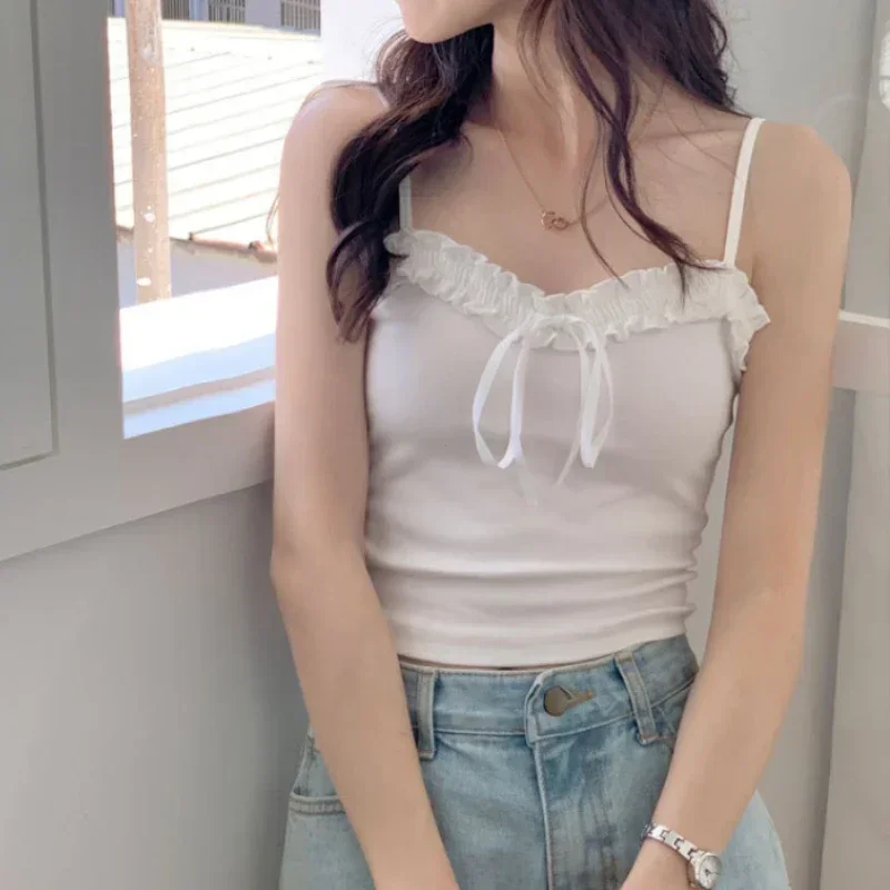 여성용 민소매 코르셋 튜브톱, 여성 란제리 홀터, 얇은 스트랩 캐미솔, 화이트 상의, 섹시한 활 탱크톱, 여름