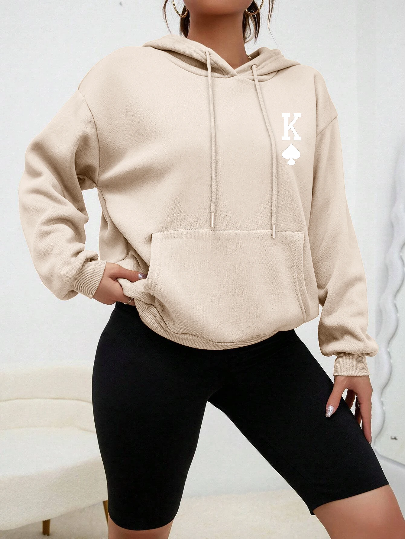 Poker K Simple Printed Hoodie - 04. beige