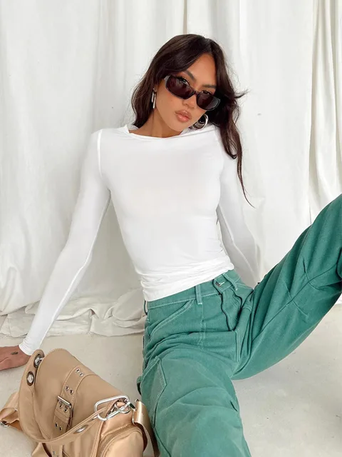 Women Casual Long Sleeve T-Shirts Spring Autumn Solid Slim Fit Pullovers Tees Shirts Female Streetwear Base Tees Tops  Casual 2