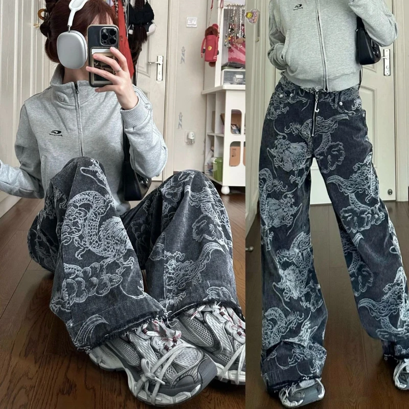 

Dragon Print Baggy Jeans Women Clothing High Street Vintage Raw Edge High Waisted Jeans Woman Casual Wide Leg Women Jeans Pants