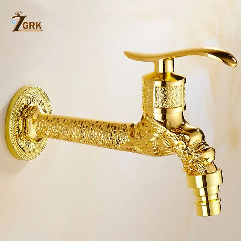 ZGRK Gold Washing Machine Faucet Carving Brass Taps Single Handle Wall Mounted Balcony Mop Faucet