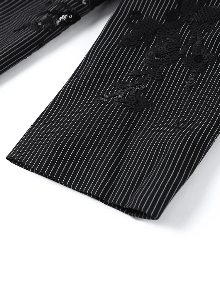 Pailletten-Streifen-Revers-Anzugjacke Hosenanzüge Damen Eleganter Langarm-Knopf-Blazer Mäntel Gerade Hosen Frühling Neues Outfit – Detail 9