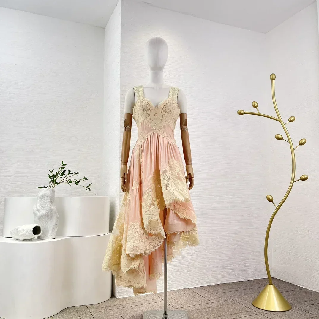 

Женское бархатное платье средней длины, розовое кружевное лоскутное платье без рукавов с асимметричным подолом, новая коллекция 2023