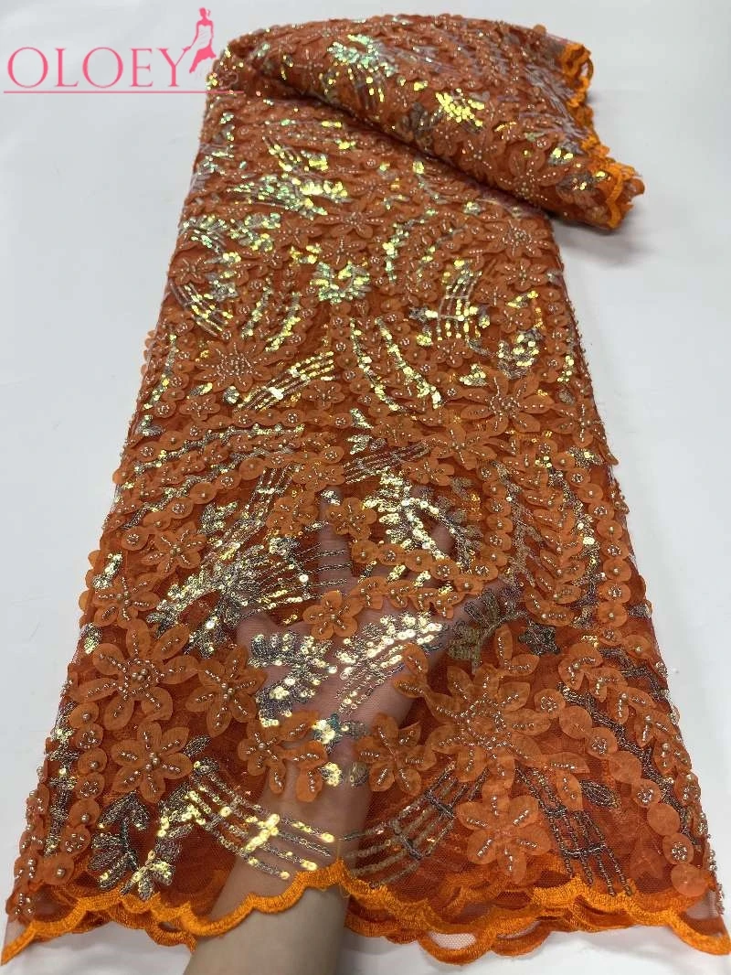 

2023 Fashion Elegant French Embroidery Beaded Lace Fabric African Nigerian With Sequins Fabric For Wedding Dress