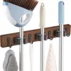 Rustic Wood Broom Mop Holder Hanger Wall Mounted Garden Tool Rack Organizer With 4 Slots 4 Hooks For Garage Laundry Room 1