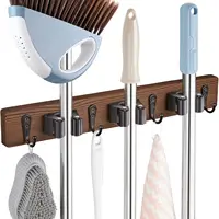 Rustic Wood Broom Mop Holder Hanger Wall Mounted Garden Tool Rack Organizer With 4 Slots 4 Hooks For Garage Laundry Room 1