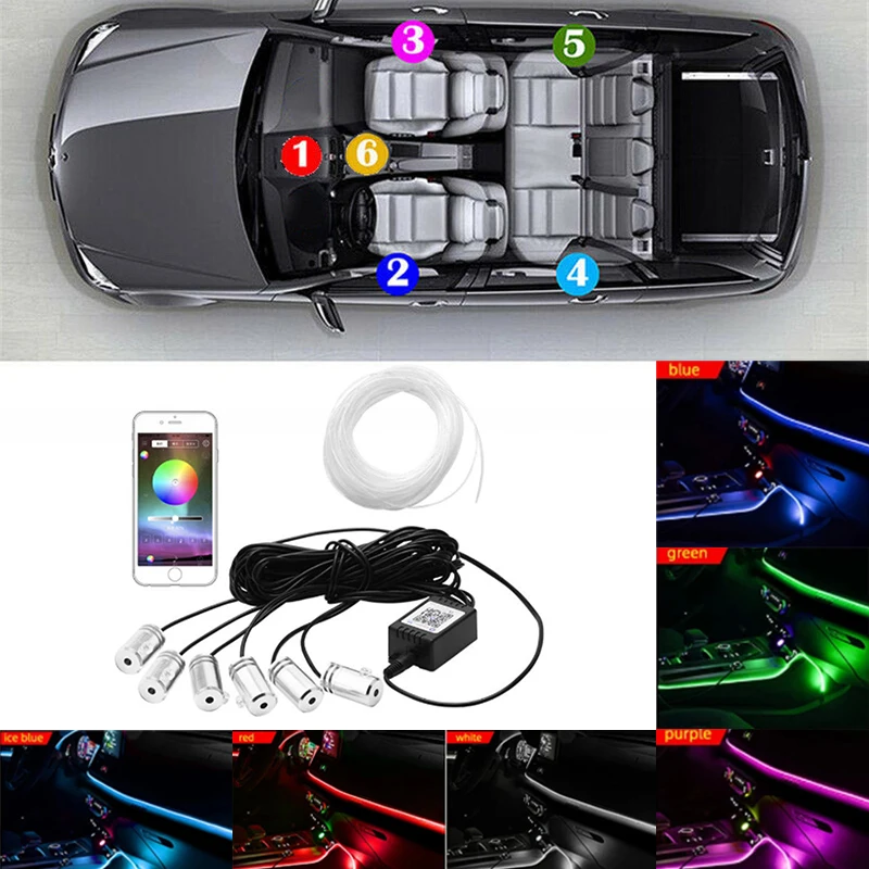 

Car RGB LED Strip Lights Atmosphere 6 in 1 Interior Neon Light DIY Music APP and Remote Control 8M Fiber Optic Ambient Lamps