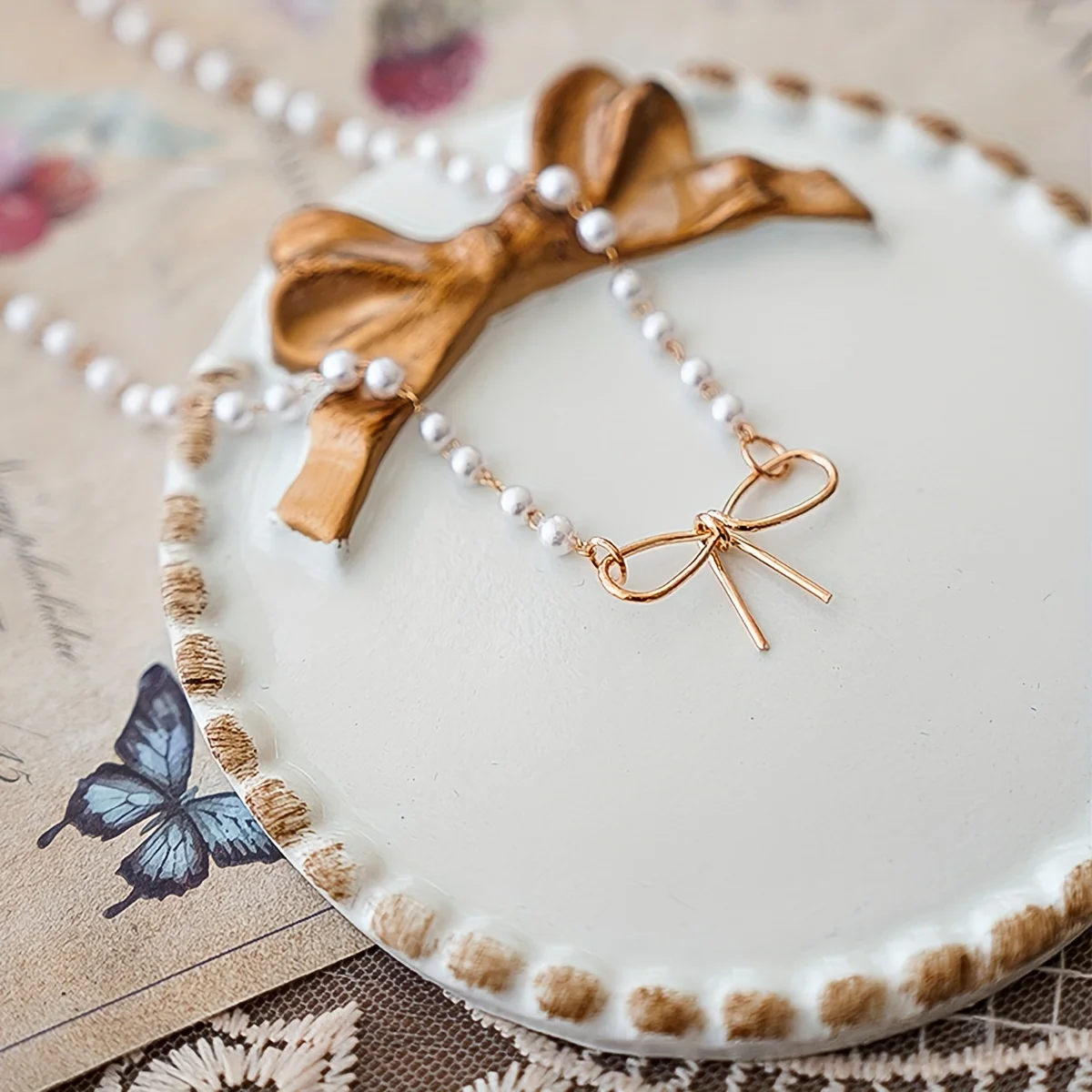 1PC Bowknot Jewelry Display Storage Tray, Decoration Round Tray For Necklace, Earrings, Household Candle Storage Tray