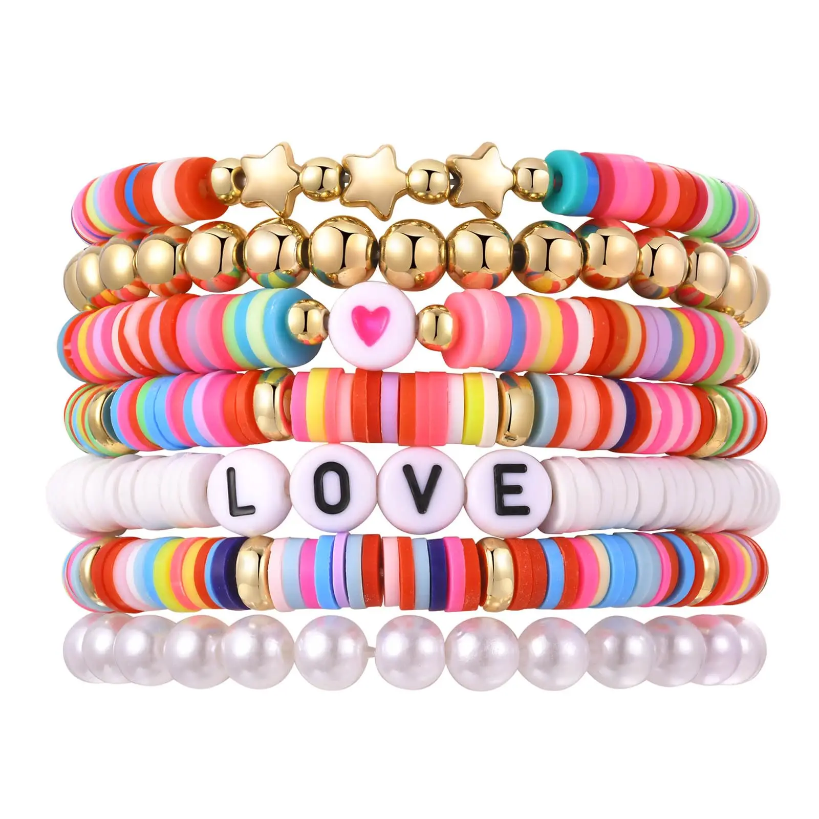

Surfer Bead Bracelet Stretch Colorful Clay Beaded Set Y2K Heart Love Charms Bracelets for Summer Beach Boho Stackable Jewelry