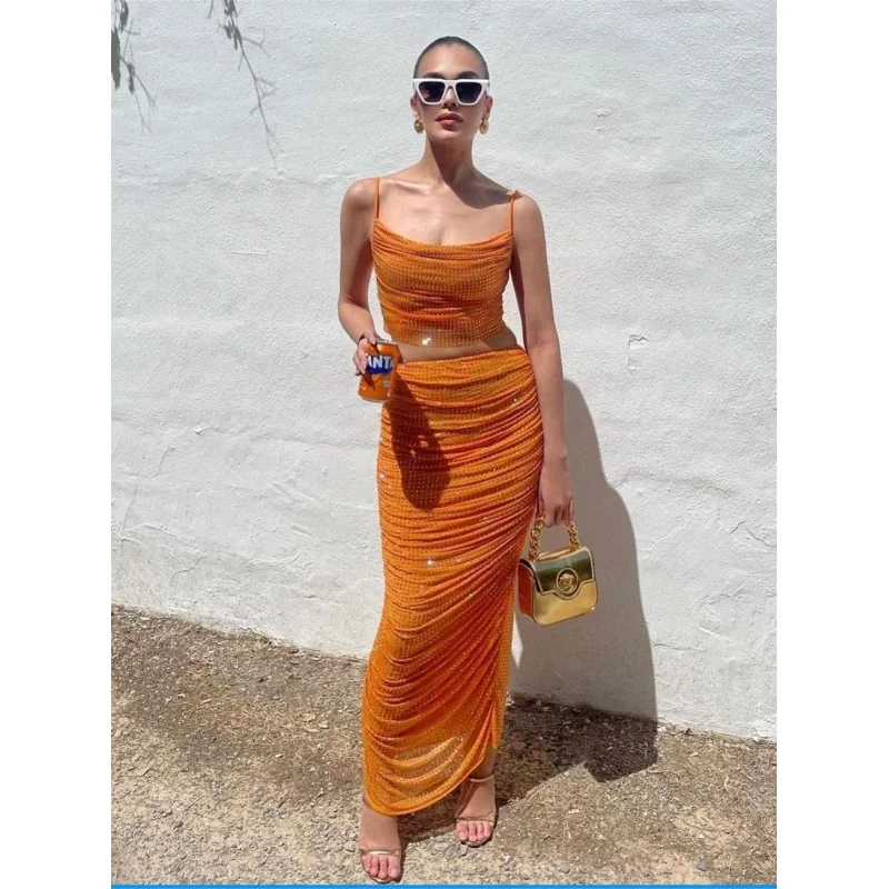 

Популярная Европейская и американская Женская одежда, короткий топ, юбка, Женский костюм из двух предметов, юбка