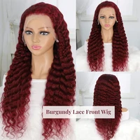 Perruque en cheveux humains couleur bordeaux, ondulations profondes, perruque frontale en dentelle 13x4, dentelle HD transparente, perruque bouclée pour femmes 2