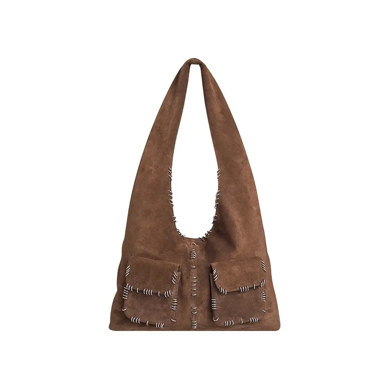 Ins Design New Women's Suede Metal Ring Decoration Shoulder Bag Adult Underarm Bag Large Capacity Commuting Tote Handbag