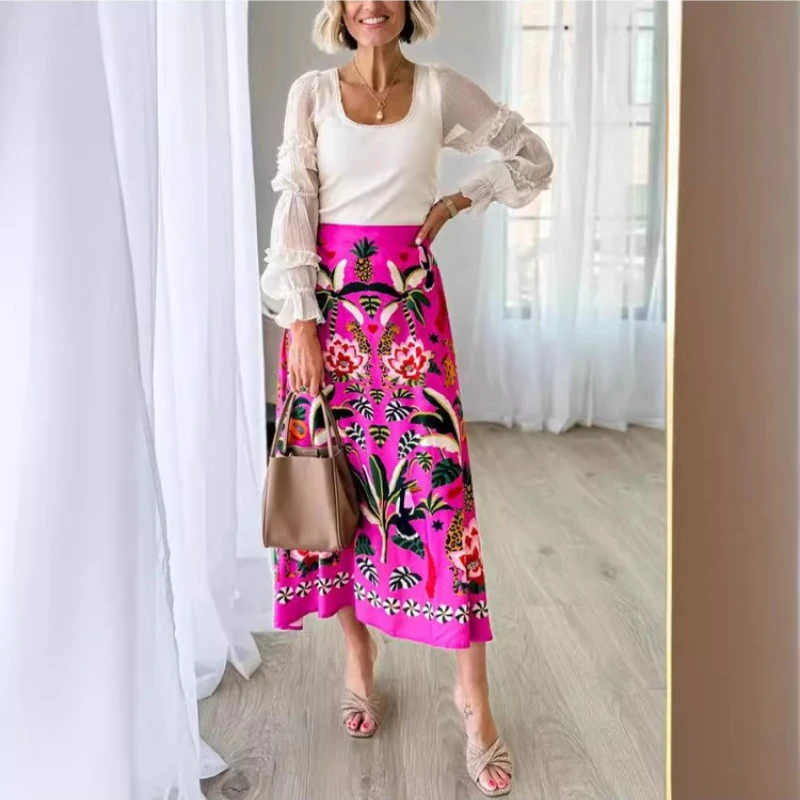 

Bohemian Sexy Harajuku Street Style Pleated Patch Tropical Plant Print Rose Red High Waist Slim Micro-elastic Retro Skirt Women