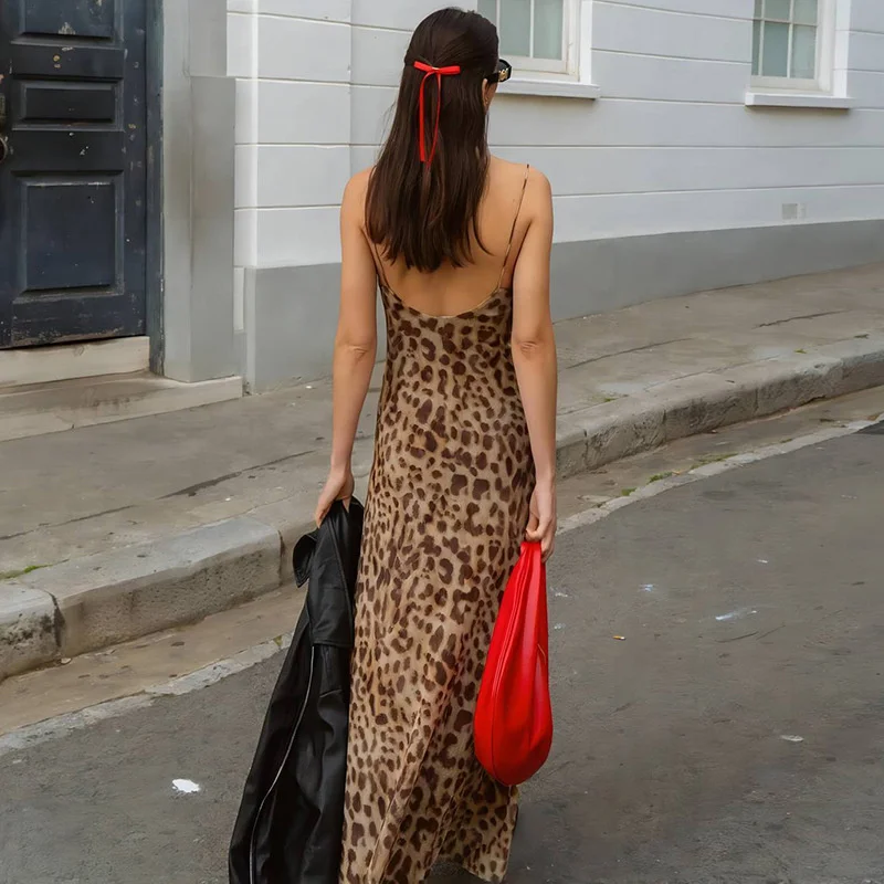 Vintage Leopard Print Chiffon Sexy Cami Dress Women V Neck Sleeveless Party Dress Fashion 2024 Summer Streetwear Dress 2