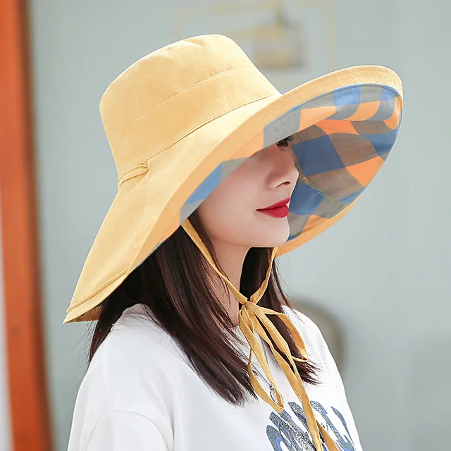 Women's Sun Hat - Summer Spring Floppy Beach Travel Fisherman Cap Ladies UV Protection Plaid Reversible Wide Brim Panama Hat 2
