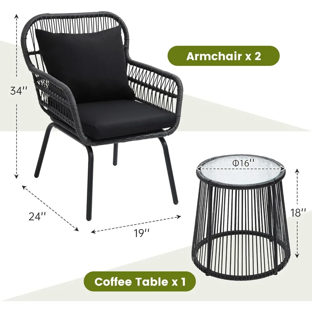 3 Piece Rattan Wicker Bistro Set, Outdoor Conversation Furniture Set with Glass Top Table, Space Saving for Balcony, Backyard 6