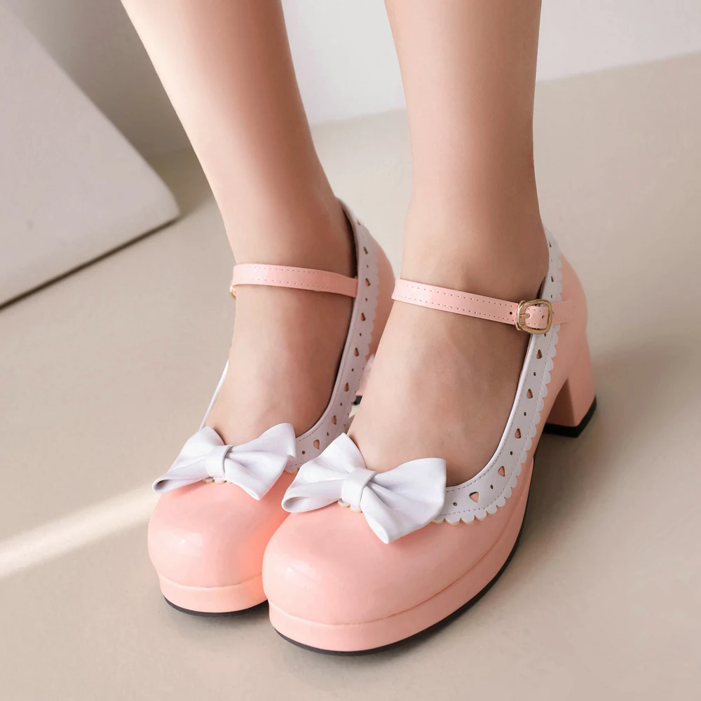 Woman's Block Heel Classic Lolita Shoes Cute Bowknot Strap Buckle Vintage Mary Jane Shoe Patent Leather Platform Pumps Plus Size