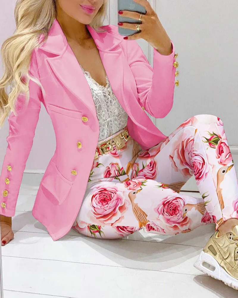 

Autumn Women's two-piece printed Blazer and trousers set Women's fashion women's Office Set Female street casual jacket New 2023