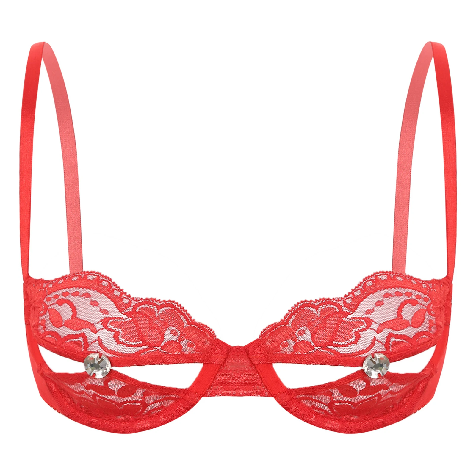 thumbnail image 1 of Sujetador sin forro con pezón abierto y diamantes de imitación brillantes para mujer, lencería transparente de encaje Floral, ropa interior con sujetador de media copa de realce, 1 of 5