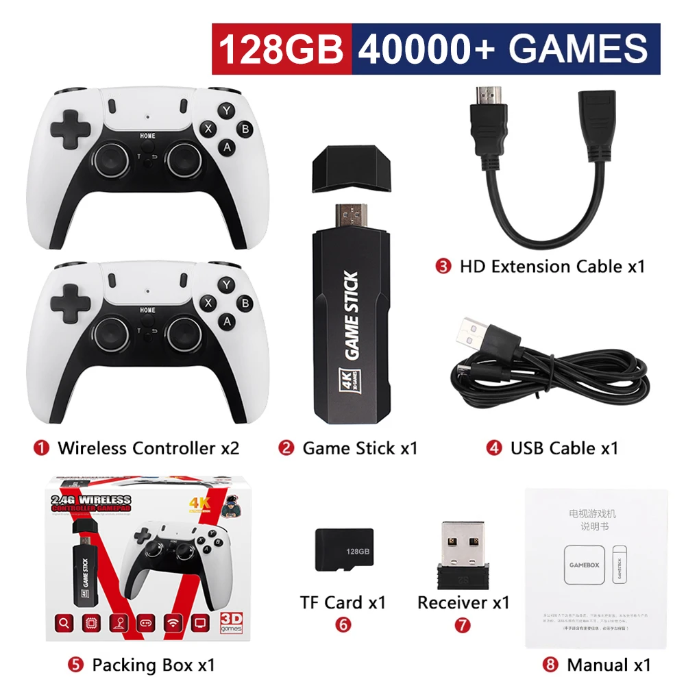 Video Game Stick Video Game Console Game Console 128MB Game Console Stick for PS1 HD 4K 2.4G Mini Pocket Games Console Anti Slip Design 3D Joystick for Boys Girls