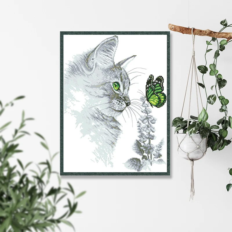 Cross Stitch Kit Cross Stitch Tools Cat and Butterfly Cross Stitch Pattern Kits Unprinte Canvas 11CT 14CT Needlework Sets DIY Animal Embroidery Home Decor Painting