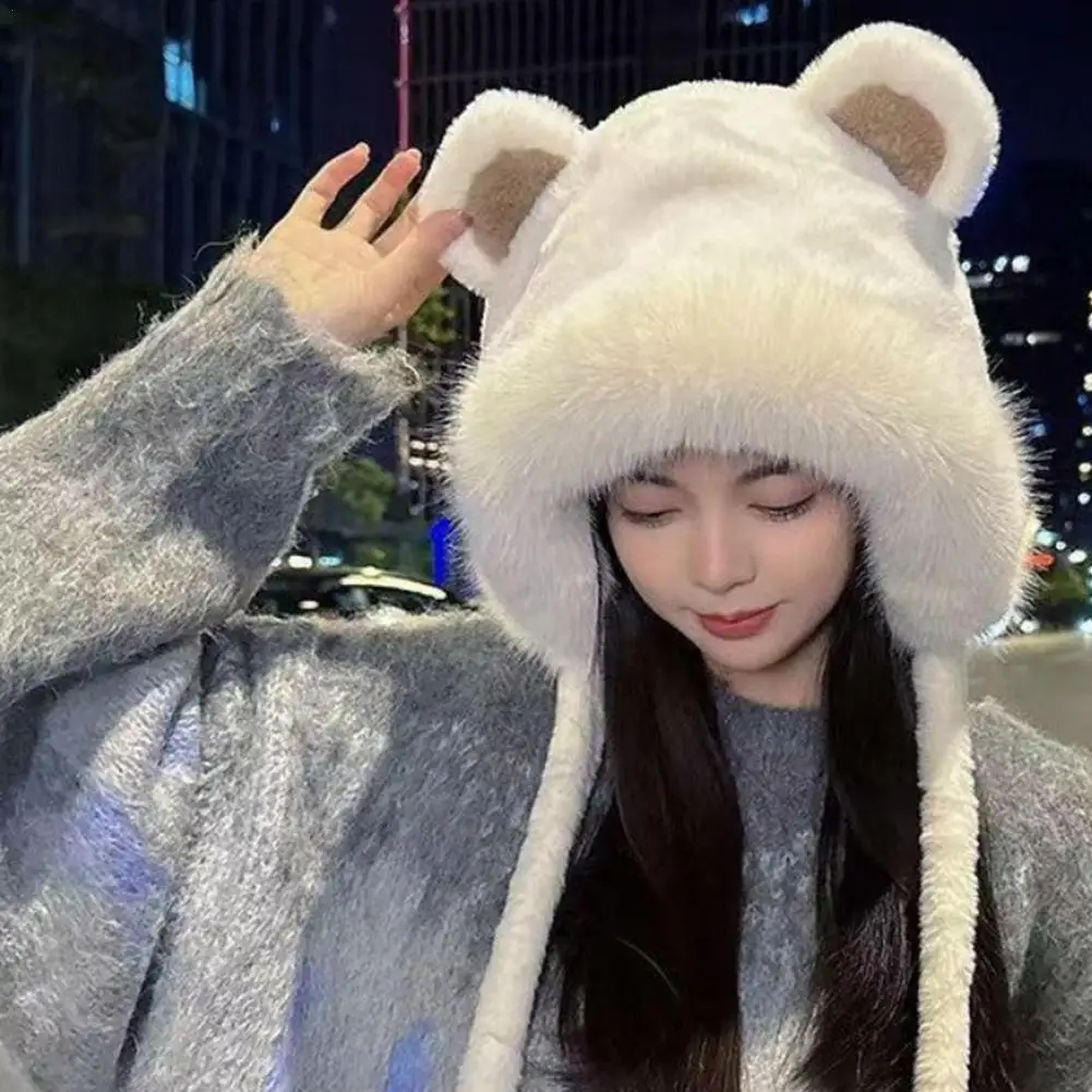Woolen Hat Women Plush Bear Ears Windproof Autumn Winter