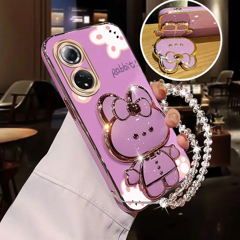 Diamond Wrist Strap Mirror Rabbit Phone Holder Case with Stand