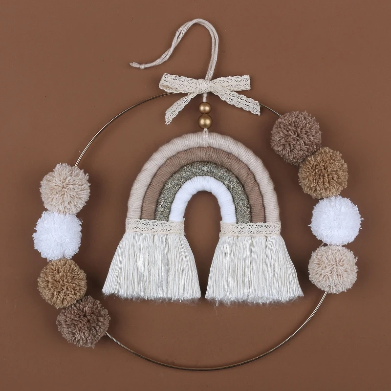 Nordic Macrame Rainbow Wall Decor for Bedroom Nursery Baby Kids Room Round Metal Tapestry Rope Woven Tassel Wall Hanging 2
