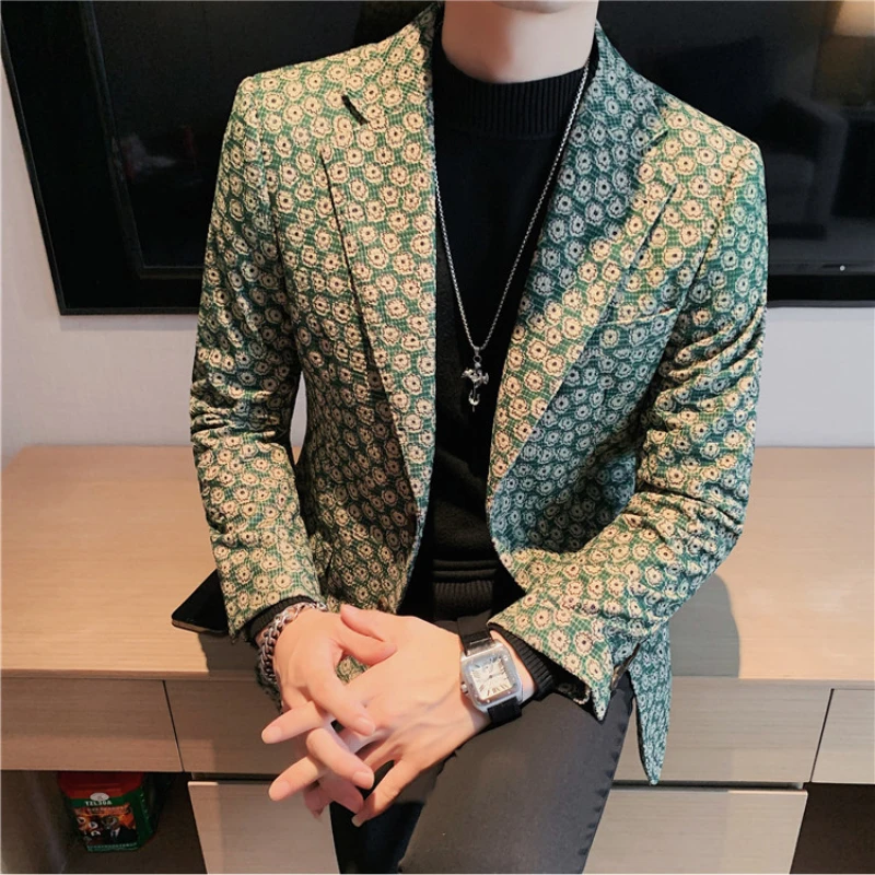 Autumn Winter Corduroy Flower Blazers Men Slim Fit Casual Suit Jacket Casual Suit Jacket Wedding Business Dress Coat Streetwear