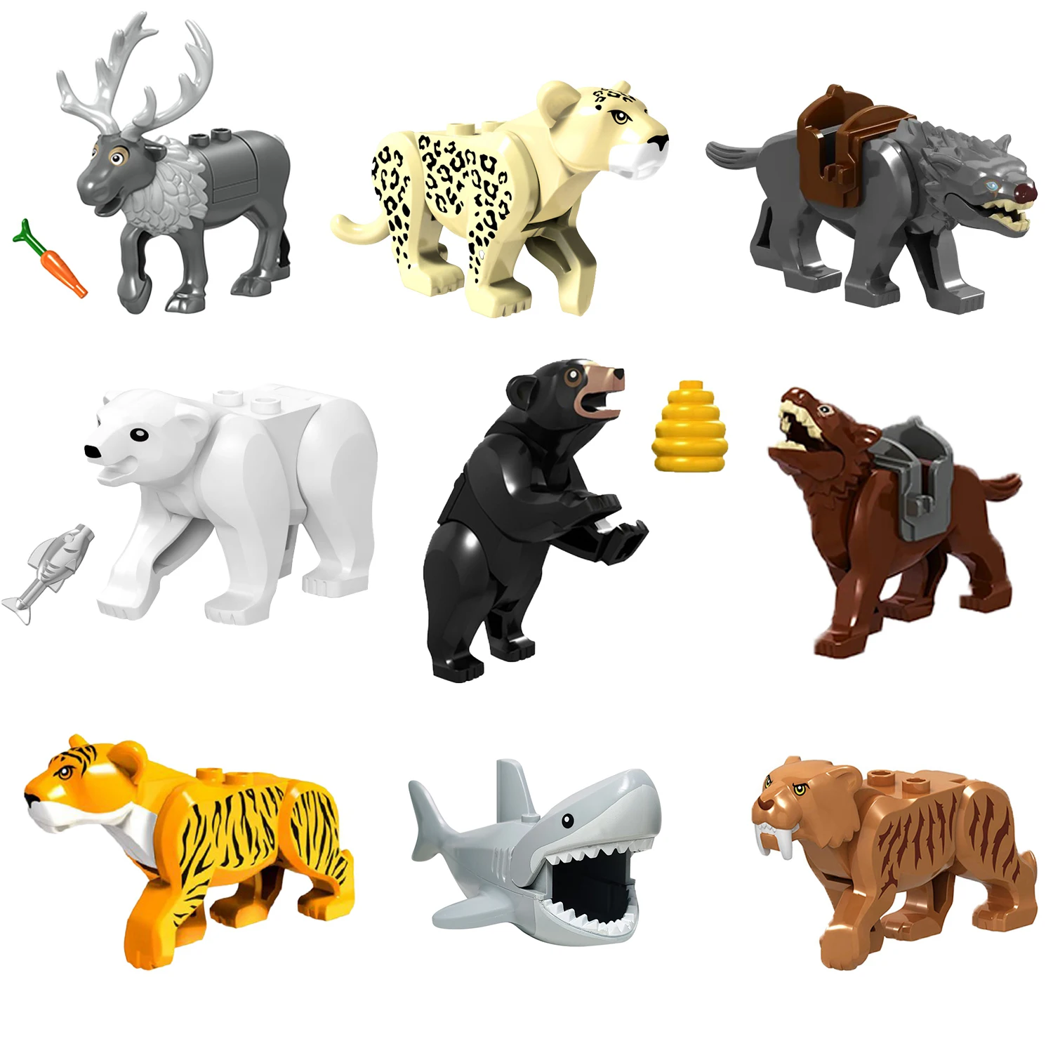 

Конструктор MOC с животными, подходит для мини-фигурок, тигров, леопардов, лося, оленей, медведей, волков, детский подарок