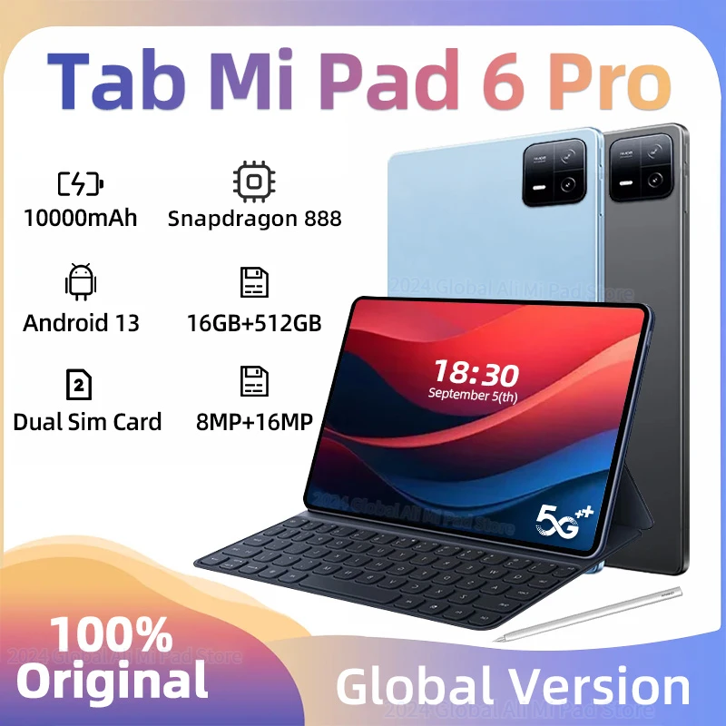 

2024 Global Mi Version Original Pad 6 Pro Tablets PC Snapdragon 888 Android 13 11 inch 16GB+512GB 5G HD 4K Screen WIFI Mi Tab