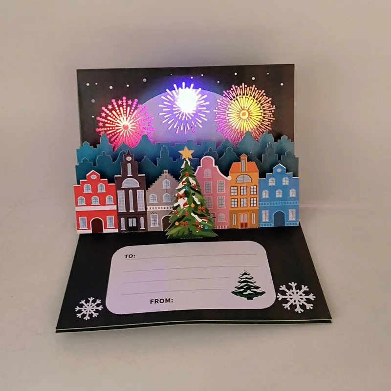 New 1pc Christmas Blessings Fireworks Music Lights Father Christmas Fireplace 3D Greeting Card Paper Sculpture New Year Card