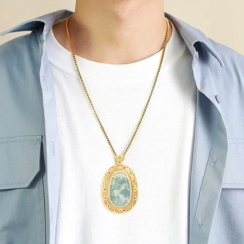 Natural A-grade Jade Blue Water Landscape Brand Copper Plated Gold Inlaid Ice Jadeite Pendant For Men's Charms Women's Jewelry