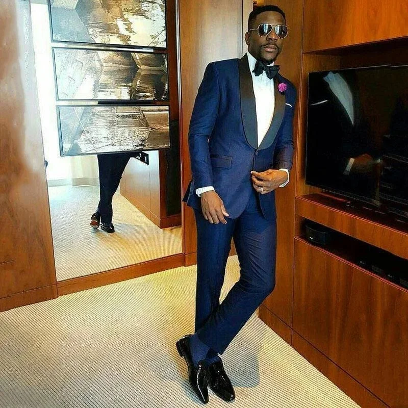 

Navy Blue Suits for Groomsmen 3 Pieces Shawl Lapel One Button Blazer Sets Best Man Wedding Tuxedos Suits Jacket+Vest+Pants