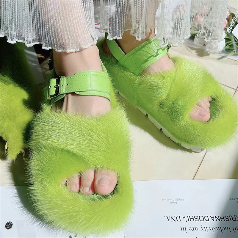 High Quality Furry Fur Sandals, Winter Women's Casual Warmth Mink Fur Slippers, Straight Lace Up, Home Lazy Sandals