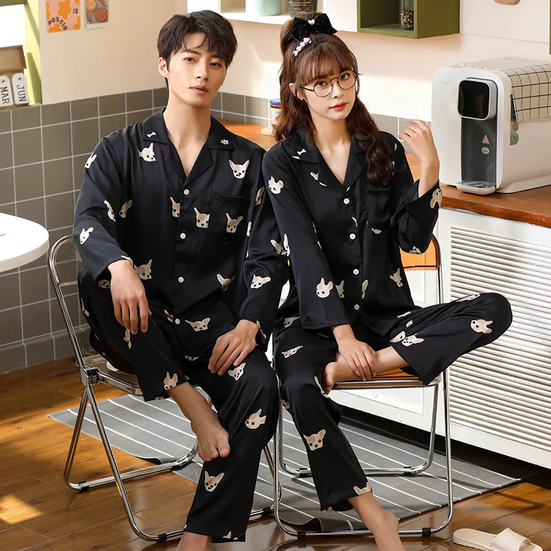 

Весна-осень, одежда для сна, атласная пижама с мультяшным принтом, рубашка с пуговицами для пар, штаны, пижамы для женщин и мужчин, домашняя одежда