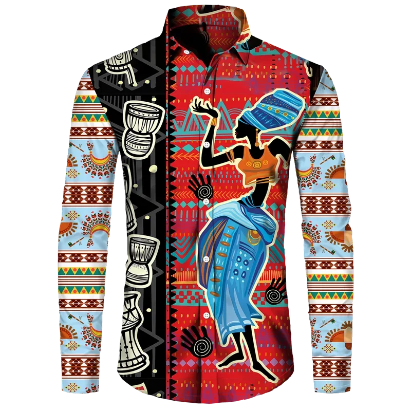 Camisas con cuello vuelto y botones con estampado dashiki africano para hombre, blusas casuales de manga larga, ropa de calle de estilo étnico, camisa