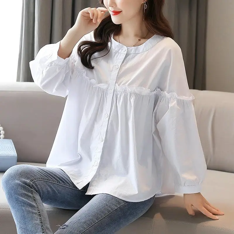 여성 용수철 라운드넥 쉬폰 인형 셔츠, 다용도 슬리밍 상의, 캐주얼 패션, 한국 버전, 어려 보이는, 여름 신상