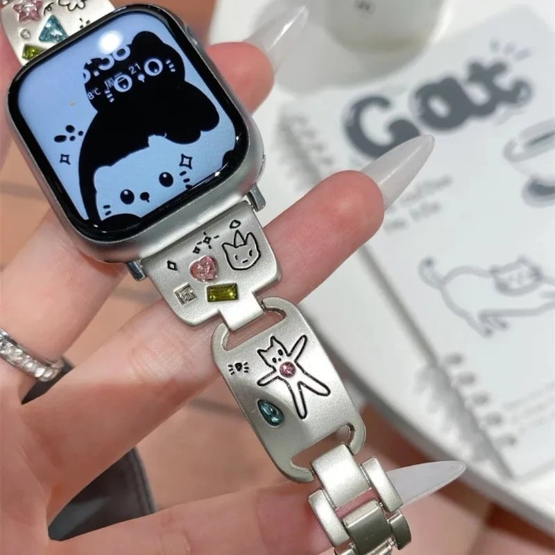 Line-Patterned Cat Metal Wristband - Cute and Creative Accessory (Watch Not Included)